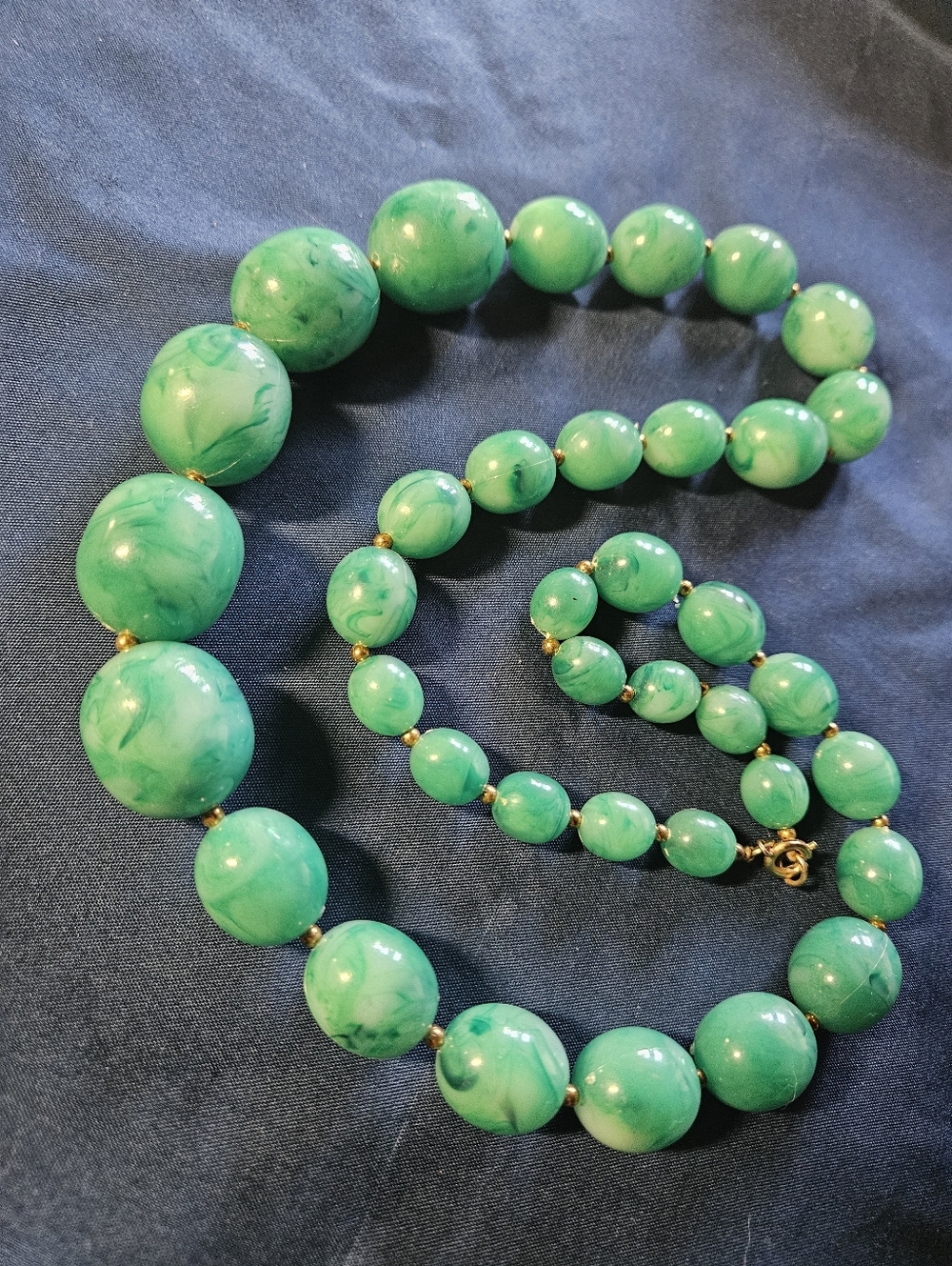 Marbled Green Lucite Bead Necklace with Gold Accents
